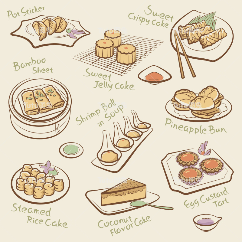 不同的中国食物的卡通画