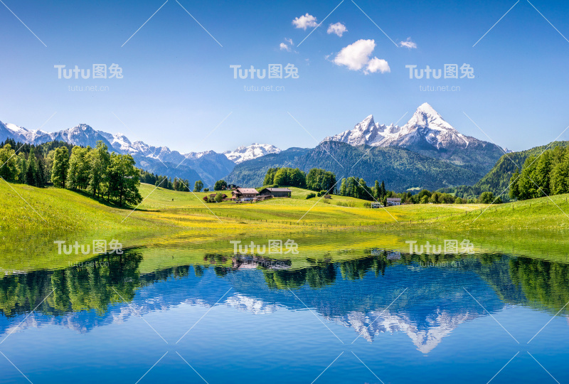 在阿尔卑斯山的山湖田园般的夏季景观