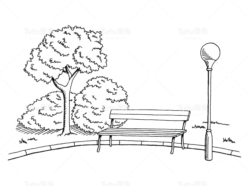 公园图形黑白长凳灯景观素描插图向量