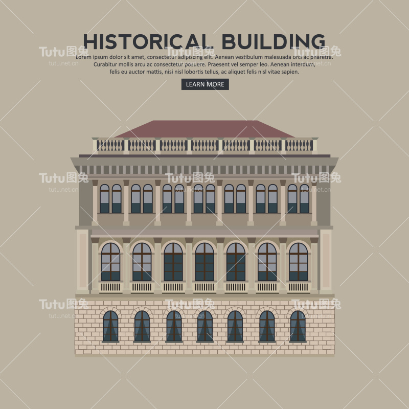 历史建筑立面非常详细，真实，彩色，孤立