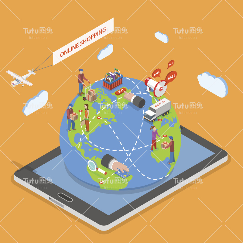 网上购物平面等距矢量概念。