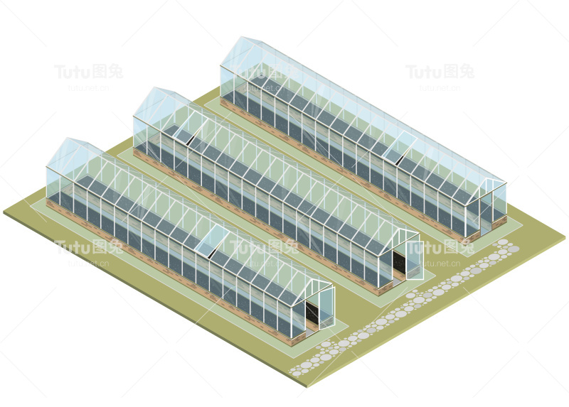 大规模农场。等距温室玻璃墙，基础，山墙屋顶。