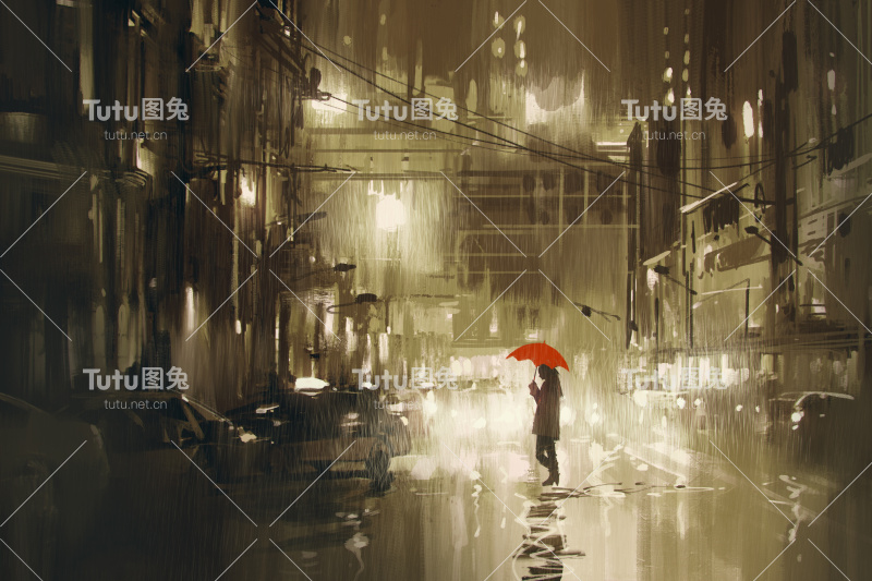 雨夜，女人撑着红伞过马路