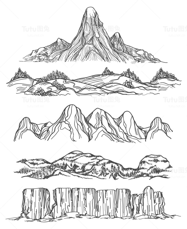 手绘的山和丘陵