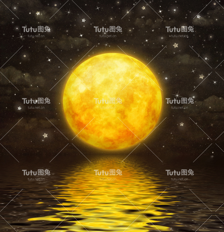 满月倒映在波浪形的水中