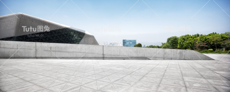 从砖砌地面看杭州新城的城市景观和天际线