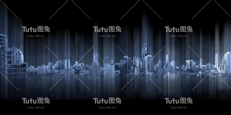 蓝色全景城市与运动图形、科技城市连接