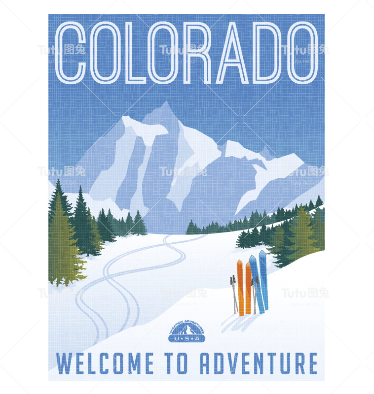 科罗拉多旅行海报。矢量插图滑雪在落基山脉。