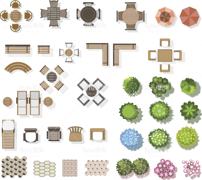 树顶视图，家具，地板，景观。矢量图
