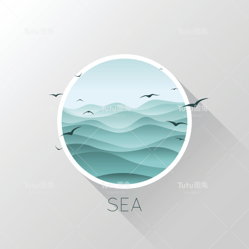 海图标。海浪和海鸥。矢量插图。