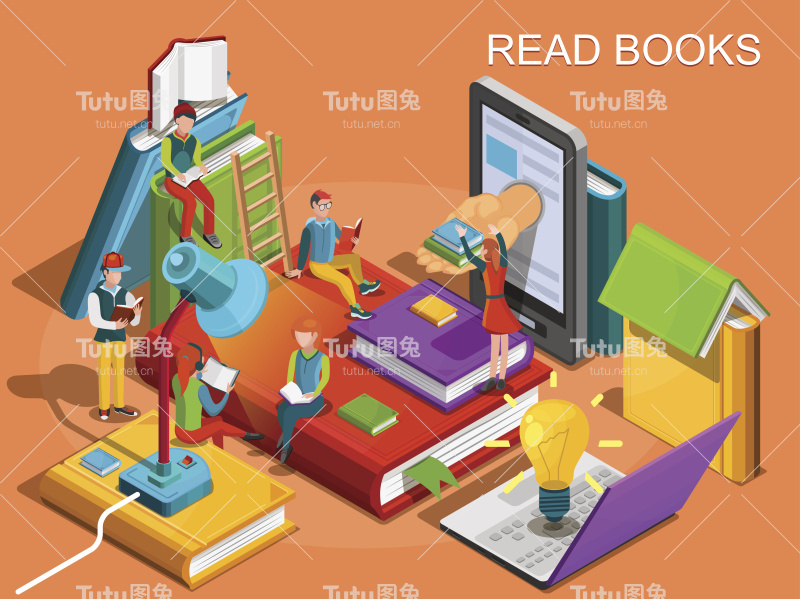 在线图书馆。教育的过程，学习的概念和在图书馆读书的概念。大学学习。阅读人等距平面设计。矢量图