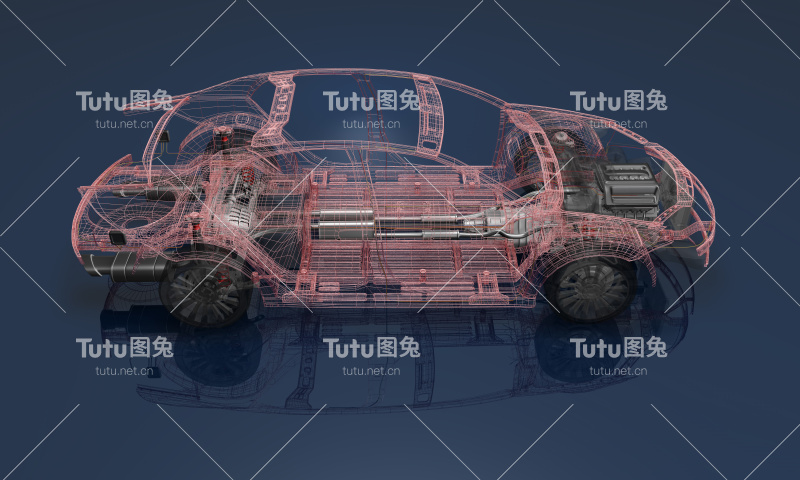在蓝色背景上的线框汽车的3D渲染