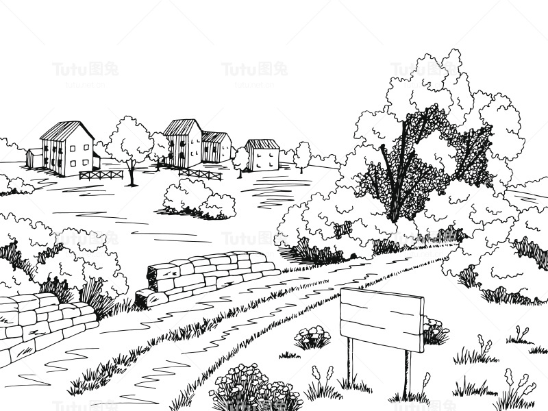 乡村道路图形黑白景观素描插图矢量