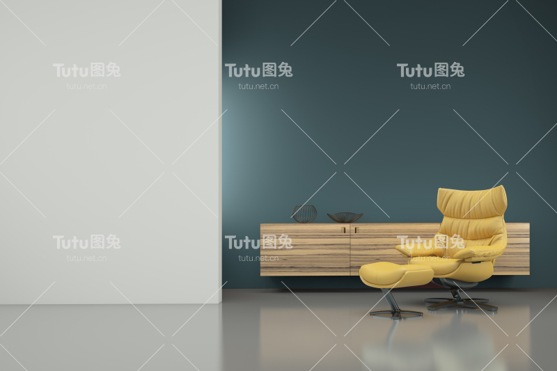 极简主义现代室内与黄色扶手椅
