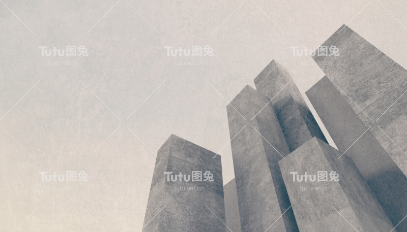 抽象的混凝土城市背景与高耸的石头建筑