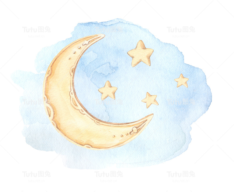 手绘水彩插图-晚安(睡眠月亮，星星，云彩)。婴儿打印。适合打印，明信片，海报，贺卡等
