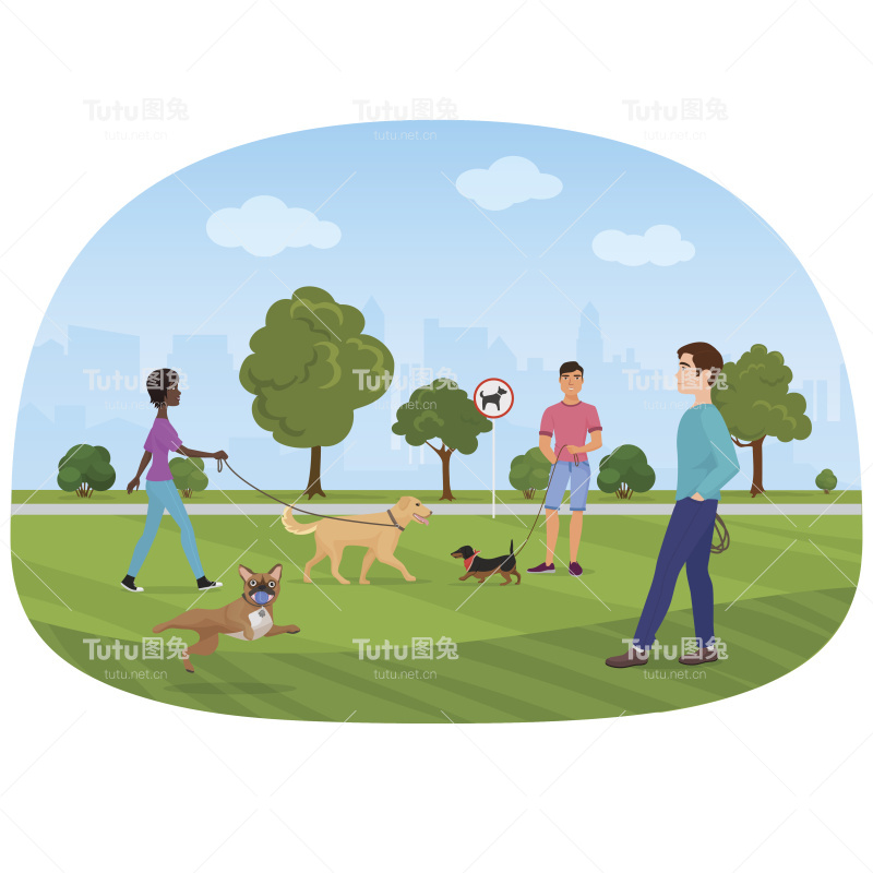 矢量插图的人在公园遛狗。爱狗人士，狗店。