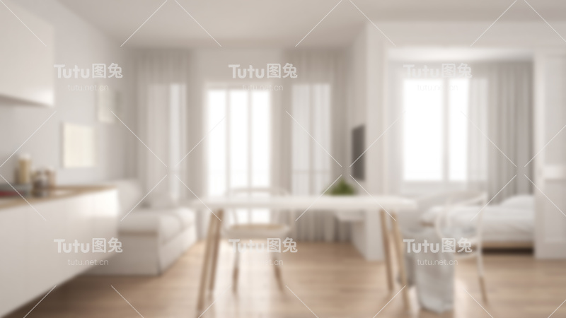 模糊的背景室内设计，斯堪的纳维亚厨房沙发和桌子，木地板