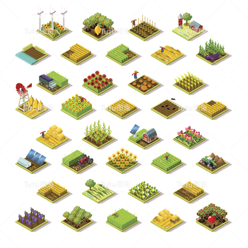 等距建筑农场3D图标收集矢量插图