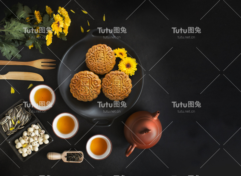中秋节的食品和饮料。