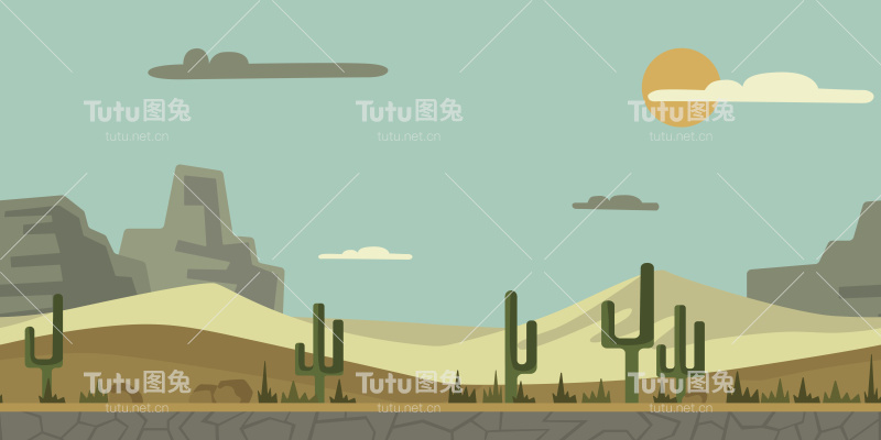 无缝无尽的游戏或动画背景。沙漠景观与仙人掌，石头和山的背景。矢量图，视差准备好了。