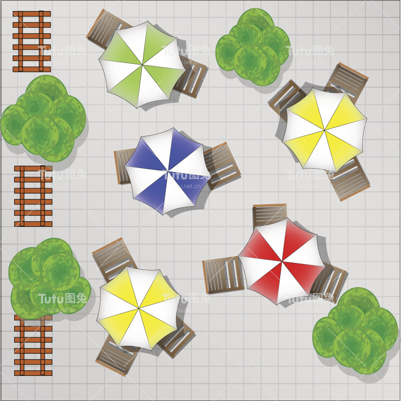 广场插图与椅子和阳伞从上面