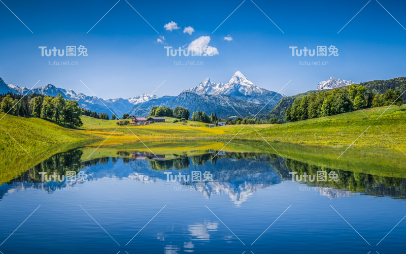 在阿尔卑斯山脉清澈的山湖田园般的夏季景观