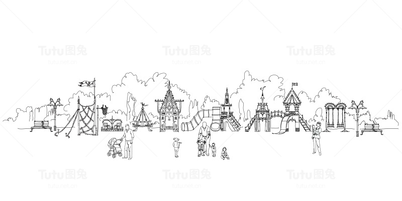 孩子和婴儿和父母在操场上玩耍。草图