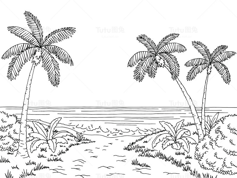 海岸图形黑白景观素描插图矢量