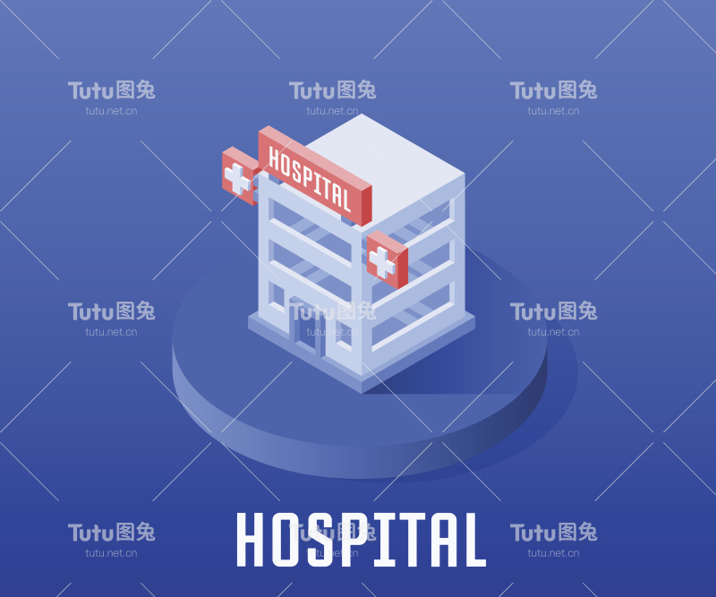 医院图标，矢量符号在等距风格孤立在颜色背景。