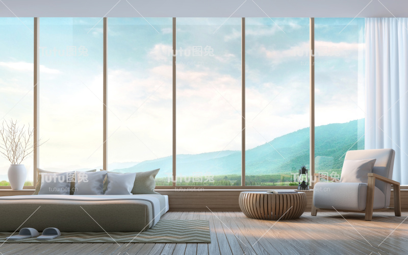 现代卧室与山景3d渲染图像