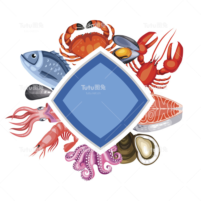 背景有各种海鲜。鱼，贝类和甲壳类的插图