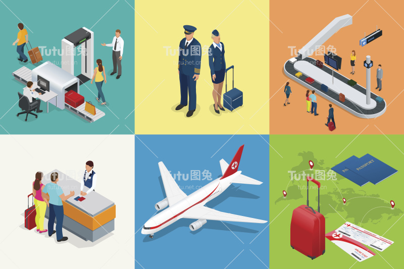 等距机场旅游和交通图标。孤立的人，机场航站楼，飞机，旅客男女，机场跑道，飞机，跑道，机场保安。