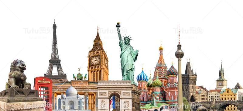 世界地标照片拼贴孤立在白色的背景上，旅游，旅游和研究世界各地的概念