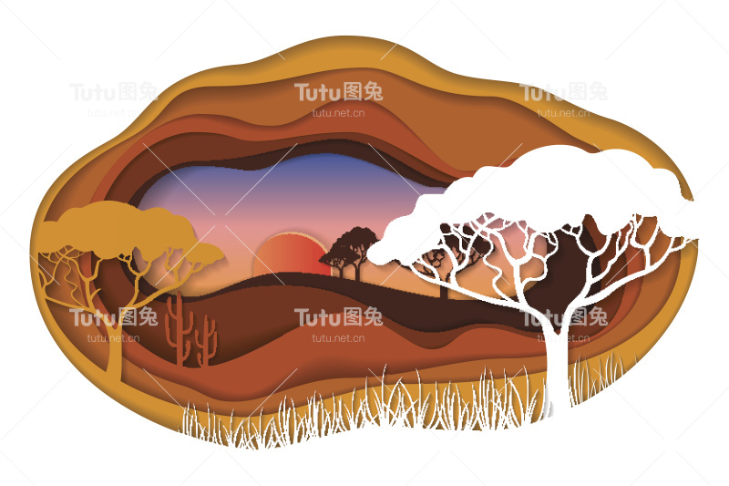 纸艺术雕刻的非洲风景。