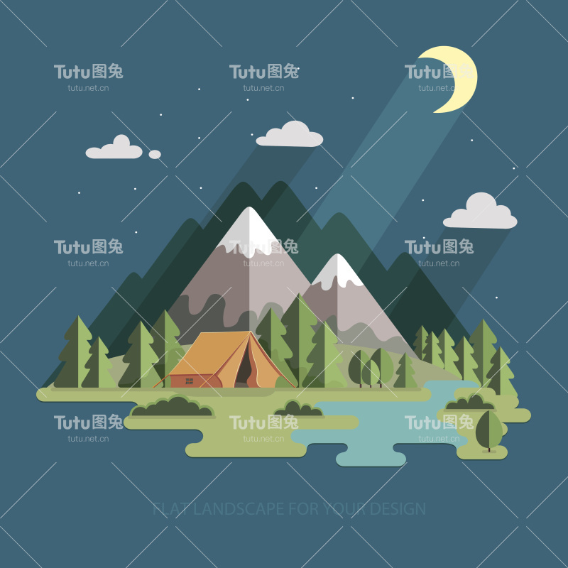 山上的夜景。徒步旅行和露营。平的插图