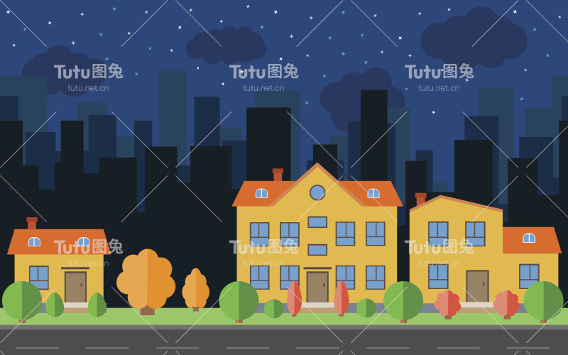 带有树木和灌木的卡通房子的矢量夜城。城市空间以道路平坦风格为背景概念。