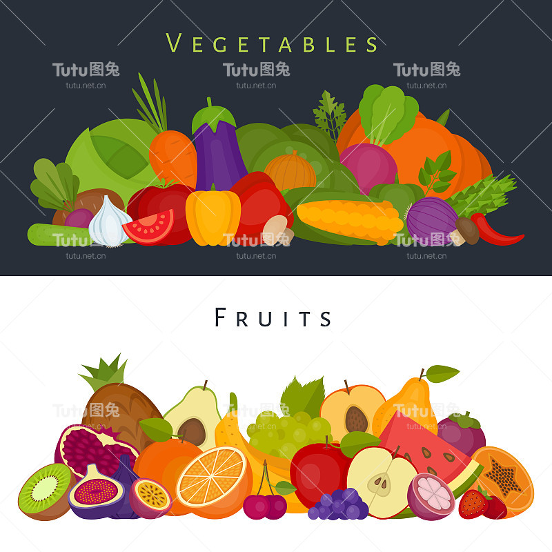 水果和蔬菜横幅。健康食品。平面风格，矢量插图。