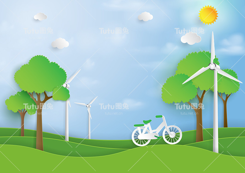 以自然为背景的绿色能源自行车和风力发电纸制艺术风格