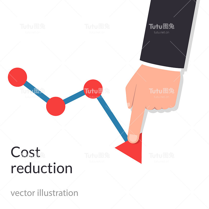 降低成本的概念。降低成本。商人用手降低了图表上的箭头。降低了利润。下降的图表。矢量插图平面设计。孤立的背景。