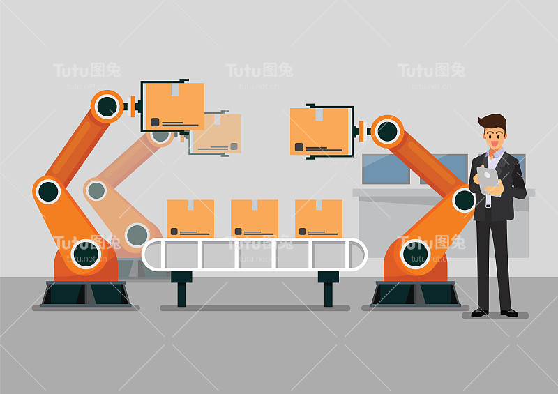 在智能工厂工业中，商人使用平板电脑控制自动化机器人手臂机器