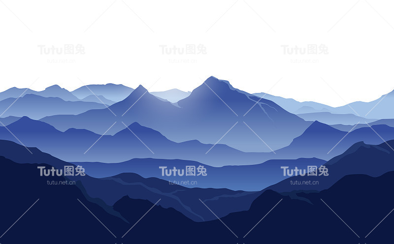 向量景观与蓝色山脉的轮廓与白色的背景
