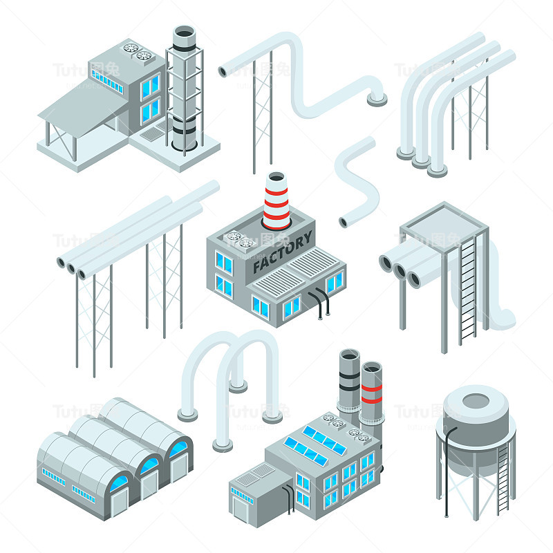 工厂管套及工业厂房。等距风格图片