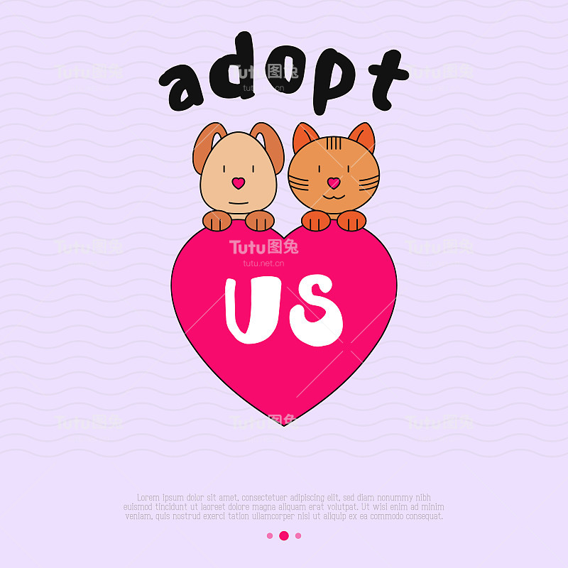 宠物领养概念:有趣的猫和狗与心在线性风格。现代向量插图。