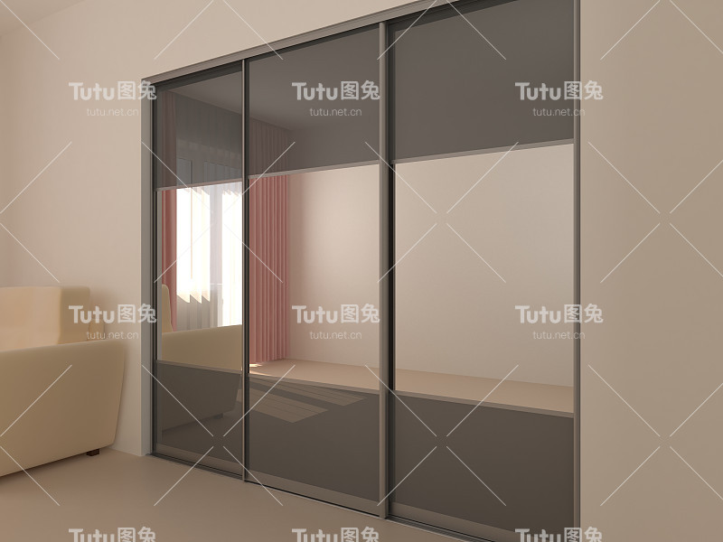 带有滑动门的衣柜。家具。室内设计。三维渲染