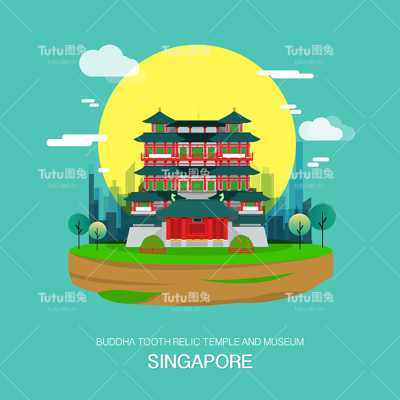 新加坡佛牙寺和博物馆地标。矢量