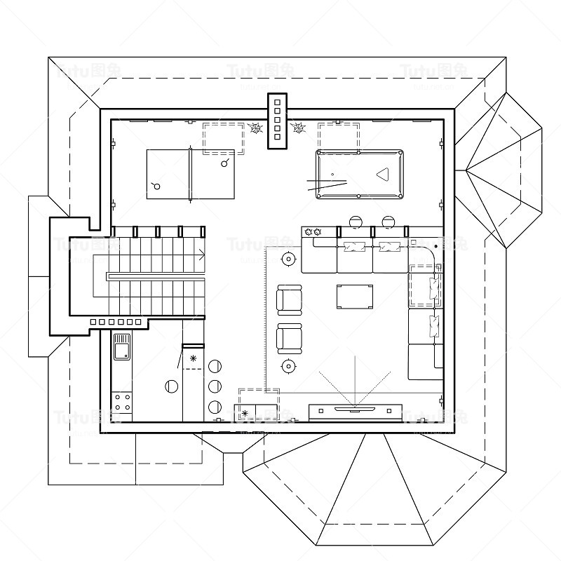 小屋阁楼上的地板。房屋的建筑平面图。公寓的布局和家具的图纸视图。顶视图，有台球桌，客厅和厨房。矢量图标。