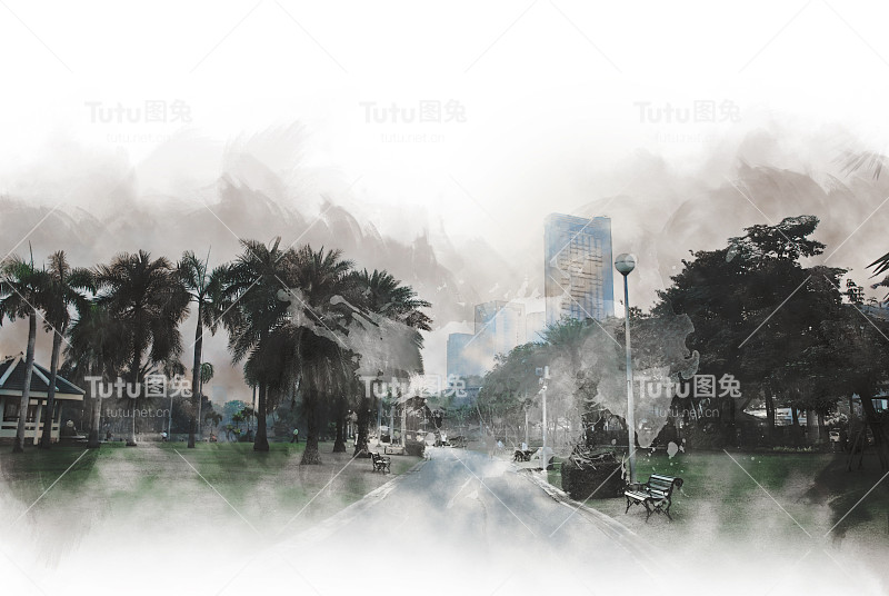 抽象建筑和树木的水彩画背景。城市上的数字插画刷艺术。
