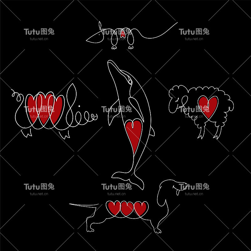 用心形装饰的动物图标向量组。海豚，狗，老鼠，绵羊，猪。情人节的模板。迷恋野兽。