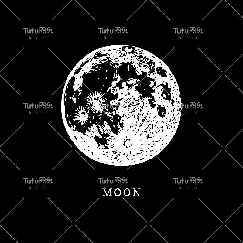 黑色背景上的月亮图像。手绘矢量图